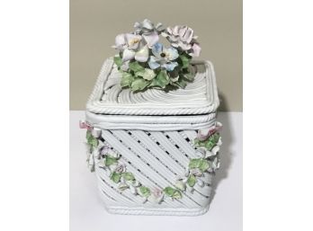 Vintage Bisque Square Basket, Bouquet Of Flowers