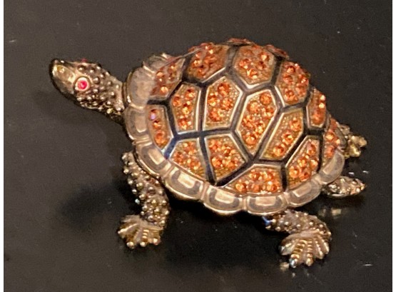 Vintage Enameled And Jeweled Turtle Hinged Trinket Box