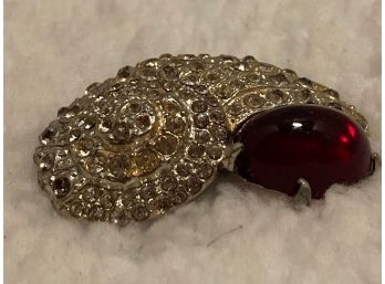 Vintage Pot Metal Dress Clip Pasted Rhinestones And Pronged Red Glass Cabochon - Numbered ATI80112
