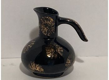 Vintage Black Ceramic Pitcher Gold Accents 6 1/2 Inches