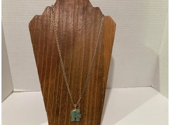 Vintage Silver Tone Link Chain With Jade (?) Elephant Pendant