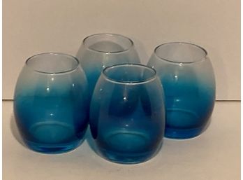 Vintage Set Of Four (4) Blue Glass Lowball Glasses