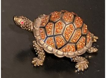 Vintage Enameled And Jeweled Turtle Hinged Trinket Box