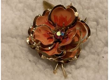 Vintage Gold Tone Enamel Flower Pin With Pasted Aurora Borealis Stone (3 Inches In Length)