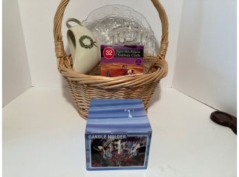 Surprise Basket: Mikasa Candy Dish, Holly And Berries Serving Plate, Gravy Bowl, Glass Cutting Board And  More