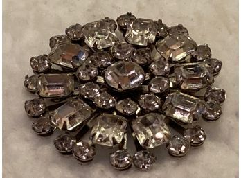 Vintage Round Silver Tone Pin With Pronged Round Center Rhinestone And  Smaller Round And Square Stones