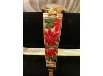 Vintage Holiday Woman's Wristwatch Poinsettia Design (Needs Battery)