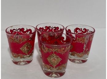 Set Of Four (4) Gilded Red Short Shot Glasses