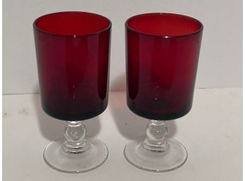 Pair Vintage Ruby Red Stemmed Wine Glasses (6 1/2 Oz
