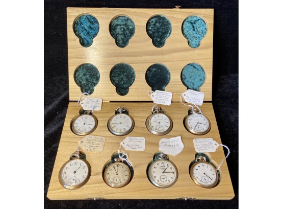 Eight Antique Waltham, Elgin And Pierre Jacquard Pocket Watch Collection In Fine Hardwood Display Box