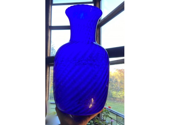 Beautiful Cobalt Blue Large Glass Vase With Swirl Pattern In Glass