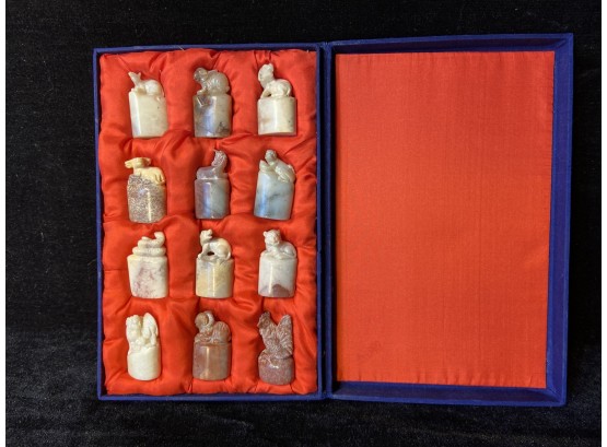 Twelve Chinese Carved Stone Animals Of The Zodiac In Display Box