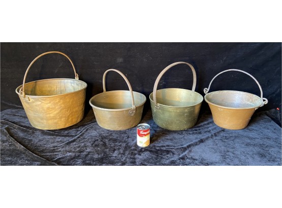 Four Large Antique Copper Pots With Arched Handles On Top