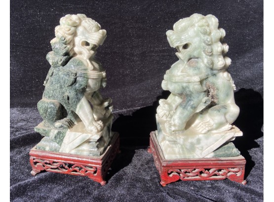 Intricately Carved Marble/Jade Small Foo Dogs On Wooden Risers