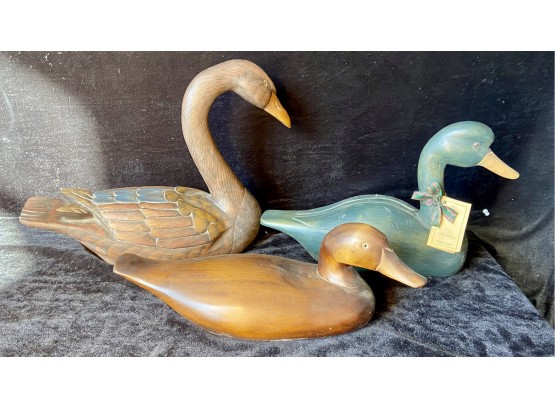 Two Hand Carved Ducks And A Swan