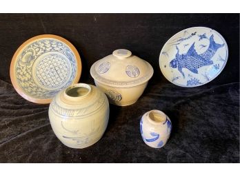 Three Asian Ceramic Pots And Two Bowls