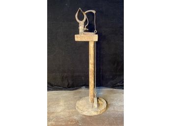 Antique Wood And Metal Tall Foot Operated Toothed Clamp