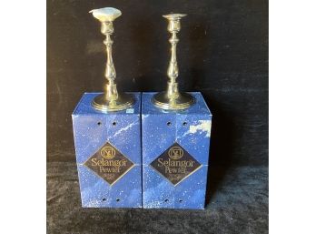 Two Selangor Pewter Candle Stands And Pendent Necklace