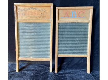 Two Antique Glass Washboards In Wooden Frames