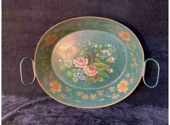 Beautiful Hand Painted Antique Floral Tin Pan With Wire Handles