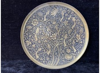 Pretty Brass Plate Intricately Etched With Birds And Florals.