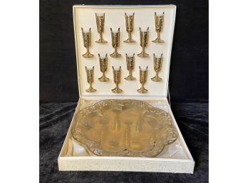Twelve Brass And Glass Cordial Glasses With A Brass Serving Tray