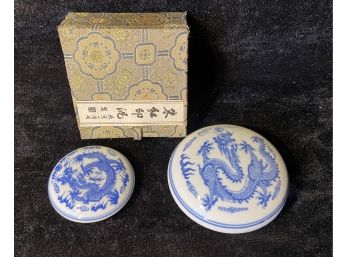 Two Asian Dragon Motif Porcelain Rouge Boxes