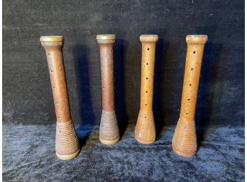 Four Rustic Carved And Turned Wooden Spinning Wheel Spools