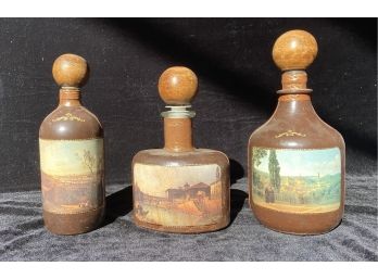 Three Leather Clad Stoppered Bottles With Italian Scenes