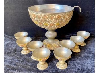 Stunning Antique Enamel On Brass Footed Punch Bowl With Eight Matching Footed Cups And Large Ladle