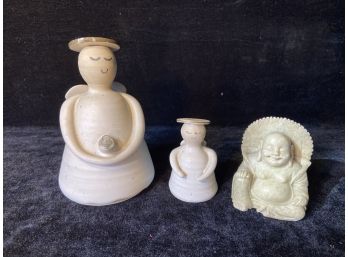 Two Hand Crafted Vermont Ceramic Guardian Angels And A Carved Stone Smiling Buddha