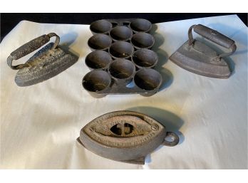 Antique Cast Iron Muffin Tray And Three Irons