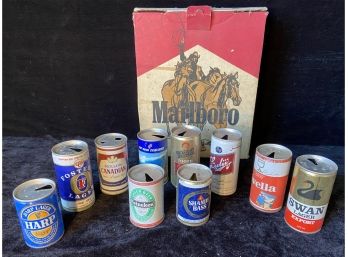 Vintage Beer Can Collection And Marlboro Man Box