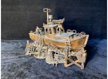 Stunning Detailed Metal Lobster Boat Sculpture By Clawson