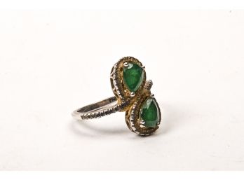 Vintage Sterling Silver Ring With Emerald Stones, Size 6