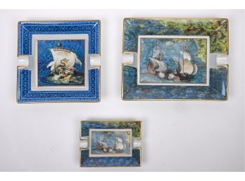 Set Of Three Hand-Painted Limoges Porcelain Ashtrays
