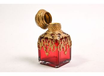 Antique 1868 Cranberry Glass Perfume Bottle With Gilt Metal Top & Etched Inscription Underneath