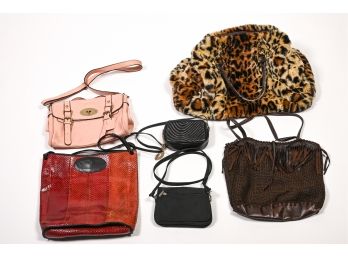 Assortment Of Handbags, Including Reptile Leather & Plush Leopard Print