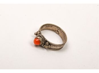 White Metal Ring With Carnelian Stone, Size 7
