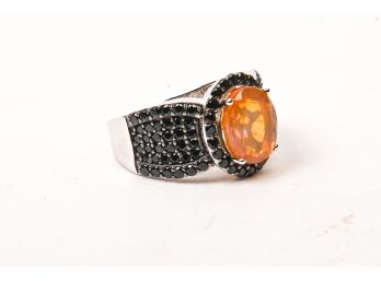 Citrine & Onyx Sterling Ring, Size 6