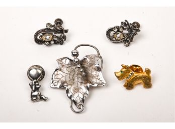 Three Brooches & Pair Of Coro Clip-On Earrings
