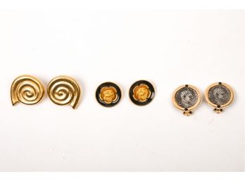 Three Pairs Of Clip-On Gold Tone Earrings