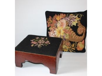 Lovely Needlepoint Pillow And Footstool