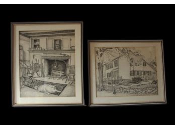 Signed Pair Of New Milford Drawings By Newton