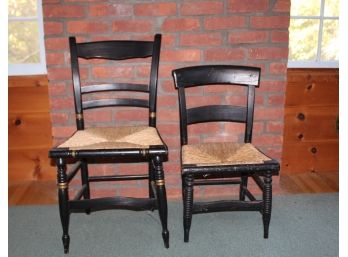 Vintage Pair Of Black Wooden Chairs With Rush Seats