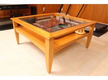 Mid-century Square Wood And Glass Top Coffee Table
