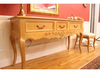 Century Chair Co. Light Oak Console Table/Sideboard With Carved Floral Design