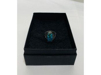 Lovely Made In India 925 Silver Ring With Blue Copper Turquoise Genuine Gemstone
