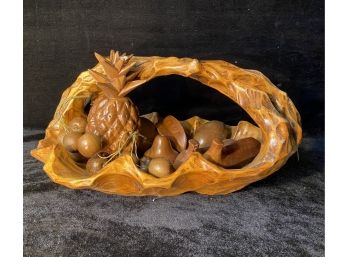 Hand Carved Wooden Basket And Fruit