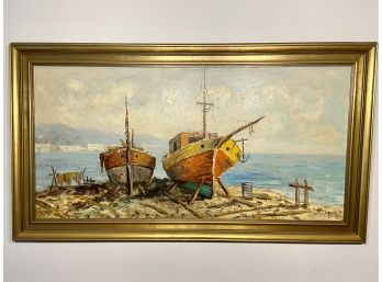 Oil On Canvas Of Two Boats Out Of Water By Capro